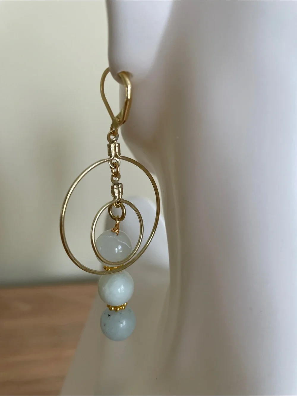 HAND CRAFTED AMAZONITE NATURAL STONE GOLD DOUBLE HOOP EARRINGS Dangle Boho Chic